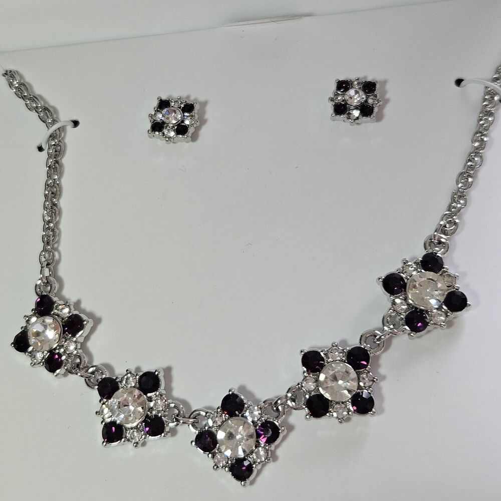 Charter Club Silver Tone Purple And Clear Rhinestone Necklace And Earring Set...